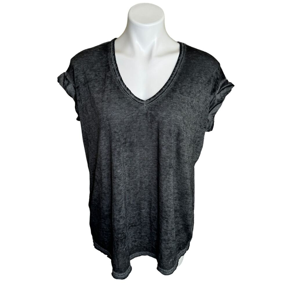 Free People | Women's Black/Gray Short Sleeve Relaxed V Neck Top | Size: XS